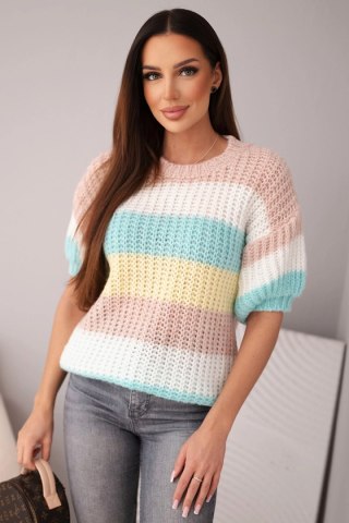 Sweter damski ażurowy w kolorowe pasy z krótkim rękawem ciemny pudrowy róż