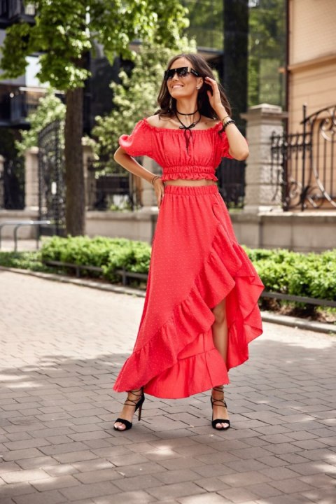 Tulum - komplet asymetryczna spódnica maxi + krótki top w kolorze koralowym