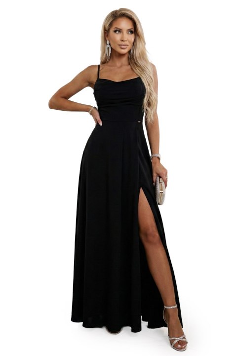 589-5 Sukienka maxi na ramiączkach z gorsetowym wiązaniem na plecach i rozcięciem - czarna