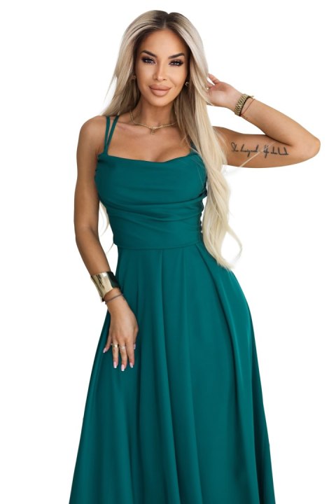 589-6 Sukienka maxi na ramiączkach z gorsetowym wiązaniem na plecach i rozcięciem - zieleń butelkowa