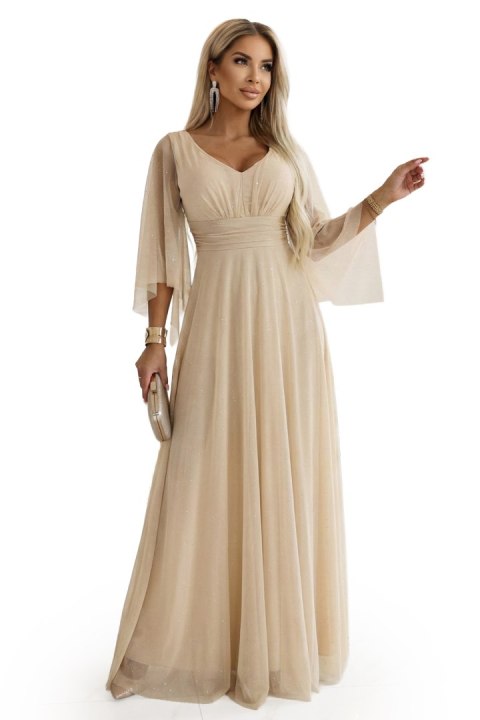 655-4 Długa połyskująca w świetle suknia z dekoltem i transparentnym rękawkiem - szampański beż